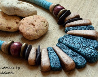 Boho jewelry Gypsy necklace Summer necklace Turquoise necklace Bold necklace Chunky necklace Fashion jewelry Polymer clay jewelry for women