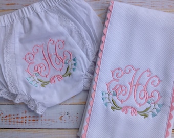 Bluebell Monogram Baby Bloomer and Burp Cloth Set
