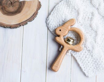 Rattle with Bell. Organic Wooden Teething Toy. Hare Rattle. Natural Wooden Toy. Eco Friendly Infant Toy. Newborn gift.