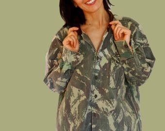 Mens camo jacket camouflage shirt army jacket green camo shirt mens army shirt military shirt men vintage camo jacket Size XL