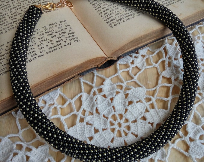 Black gold rope necklace bracelet classic casual black gold jewelry set crochet gift for her polka unusual in circle beadwork office