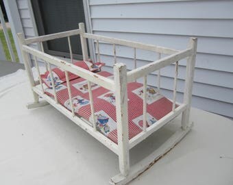 vintage wood doll cradle, doll crib, vintage doll bed, cottage chic, toy storage, pretend play