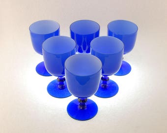 Six Empoli 6 Oz. Hand Blown Cased Blue Glass Wine Goblets, Attributed to Carlo Moretti, Mid Century Hand Blown Italian Cobalt Wine Glass