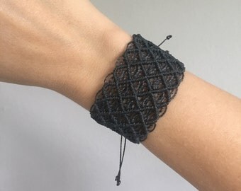 Macrame Cuff Bracelet, Grey Bracelet, Wide Bracelet, Girlfriend Gift, knotted bracelet, Costa Rica jewelry, wave bracelet, boho jewelry