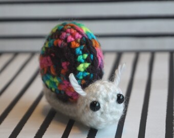 Tiny Snail- white, black and neon amigurumi snail, crochet snail plush