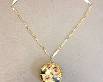 Vintage Cloisonne Floral Gold Round Locket Necklace