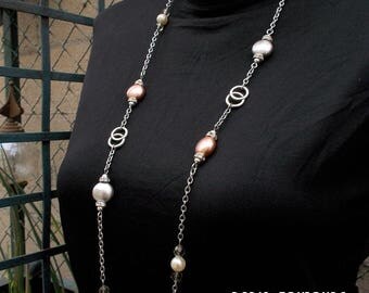 Long pearl necklace with large Swarovski crystals, pearl bridal necklace Chanel inspired, mother of pearl style, long beaded necklace