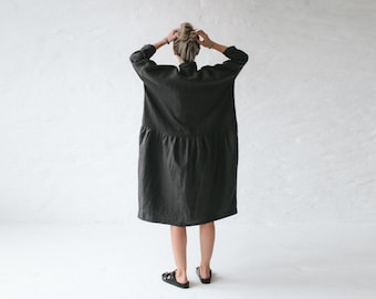 LINEN dress OVERSIZED dark grey LOOSE dress one size
