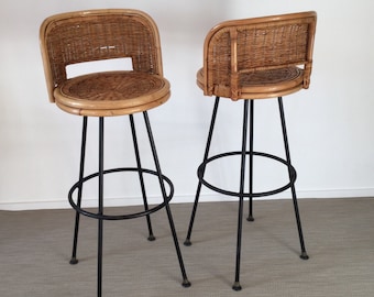 Set of 2 mid century 50's 60's bar stool/Seng of Chicago swivel Wicker & iron bar stool