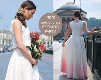 Two pieces wedding dress: crop top with buttons, dip dyed ombre tulle skirt, boho wedding, simple wedding, unique, alternative wedding dress