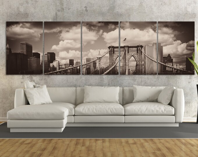 Black and white brooklyn bridge panoramic canvas wall art, brooklyn bridge black and white print, new york print, manhattan bridge