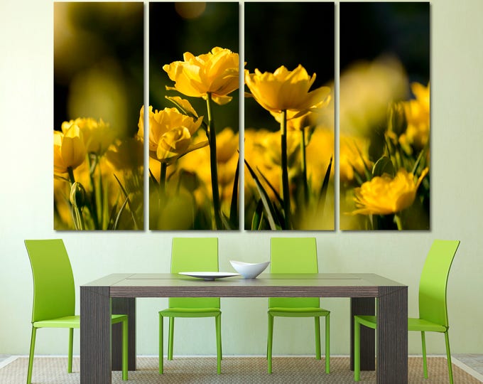 Yellow flowers photography wall art canvas print set of 3 or 5 panels, large floral wall art home decor, yellow flowers fine art photography