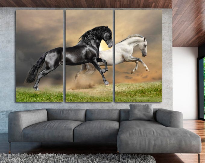 Black and white horses photography fine art canvas print set home decor, large green grass running horses wall decor modern art canvas print