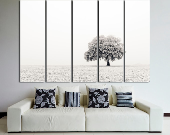 Large black and white tree on field fine art photography wall art print set on canvas, modern landscape nature photography canvas wall decor