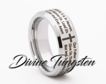 tungsten carbide wedding band 8mm beveled satin finish christian lords prayer polished ring with free inside engraving - Lord Of The Rings Wedding Band tungsten carbide wedding band 8mm beveled satin finish christian lords prayer polished ring with free inside engraving - Lord Of The Rings Wedding Band