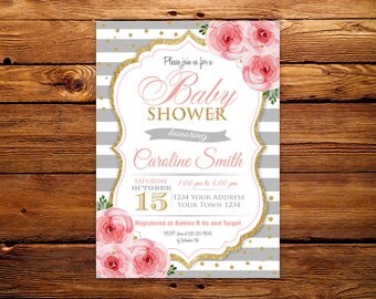 Baby Shower Invitation Floral. Pink and Grey Baby Shower Invitation. Baby Shower Invitation. Grey Pink and Gold. Grey and White Stripe.