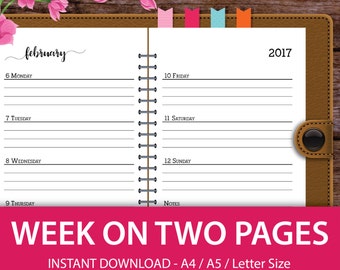 Week on Two Pages, 2017 Planner Weekly, 2017 Planner Inserts, 2017 Weekly Planner, 2017 Agenda, A5 Planner, Planner 2017, A4 Planner