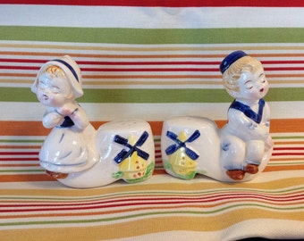 Vintage Dutch Boy and Girl in Clogs Salt and Pepper Shakers, Vintage Dutch Shakers, Collectible Shakers, Kitschy Shakers, Kitschy Kitchen