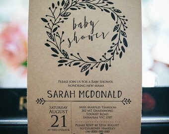 Rustic Baby Shower Invitation Template, Editable Wreath Printable Gender Neutral, Rustic Baby Shower Invite, Instant Download PDF