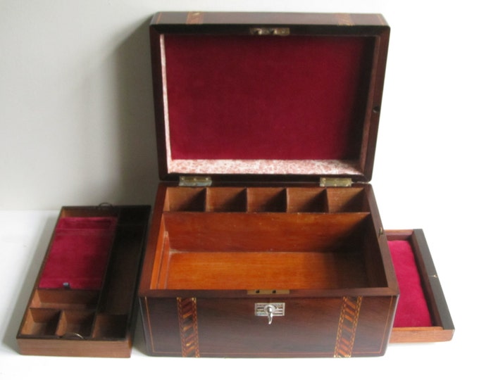 Antique jewelry box, Tunbridgeware Parquetry wooden trinket box, work or sewing case, vintage keepsake storage box for him or her