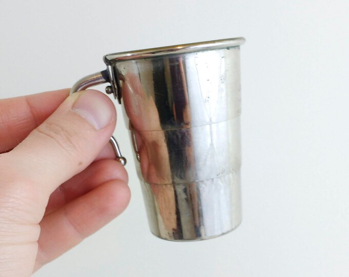 Vintage travel cup, telescopic spirit cup in original black leather case, camping picnic folding cup, silver plated fathers day gift for him