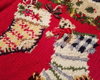 Vintage Hand Knit UGLY Christmas Sweater Button Up With Stockings! Very LOUD! RED