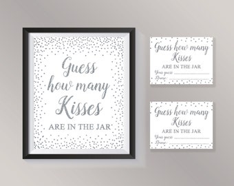 Guess How Many Kisses in the jar, Silver confetti Bridal Shower Games, Guessing Game, Wedding, Engagement party, Bachelorette Activity