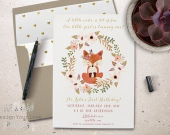 printable girl's birthday invitation printable birthday invite floral birthday card cute fox invitation woodland animals first birthday 5x7