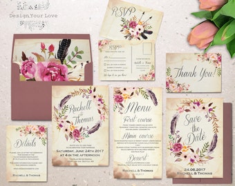 floral wedding invitation set printable boho wedding invitation suite vintage romantic wedding bohemian wedding watercolor floral wreath