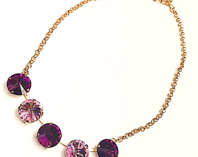 Glamorous light purple dark purple amethyst colored five stone 14mm large stone Swarovski crystal Rivolli necklace