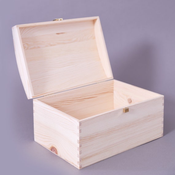 Unfinished wooden chest. Wood storage box with curved lid and