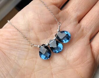 3 Gemstone Necklace, Sterling Silver Jewelry, Blue Wedding Necklace, Wedding Jewelry, Quartz Necklace, Crystal Necklace, Quartz Jewelry Gift