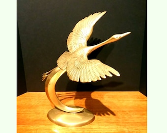 Vintage Large Flying Brass Crane Bird Sculpture