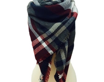 Grey Blanket Scarf, Winter Scarf, Chunky Scarf, Gift For Her, Plaid Scarf, Oversized Scarf, Blanket Plaid Scarf, Plaid Blanket Scarf Wool