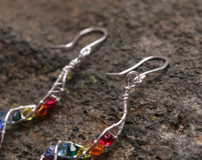 Colorful Sterling Silver Rainbow Swarovski Crystal Wire Wrap Spiral Pendant or Earrings, Wedding Bridesmaid Gift For Her, LGBT Gay Pride