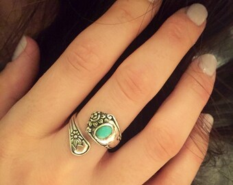 Spoon Ring-Turquoise Spoon Ring-Sterling Silver Spoon Ring with Turquoise Colored Stone-Vintage Spoon Ring-Statement Ring-925 Spoon Ring