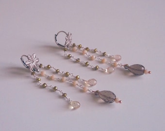 Gleaming Silver earrings with smoky quartz and cubic zirconia antique pink drops.