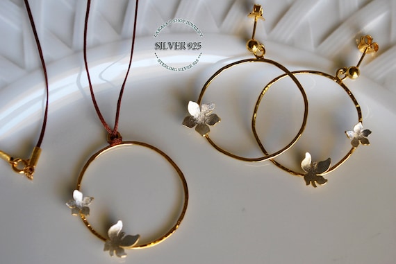 set jewelry flower & butterfly in circle earrings necklace streling silver gold plated Lakasa eshop best ideas gifts mother wife anniversary