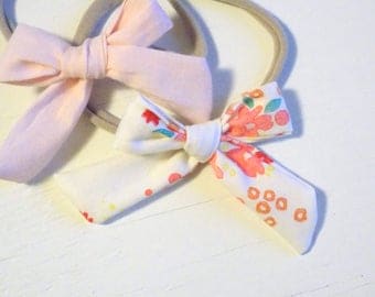 Baby Headband Set - Cotton Classic Headbands in Blush & Poppy - Baby Headbands, Baby Bows, Baby Hair Clips, Bow Clips, Newborn photo props
