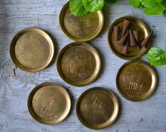 Vintage Etched Brass Coasters Indian/African/Animal Decor/plant/tray/incense burner/