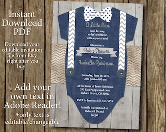 Boy Baby Shower Invitation Instant Download Bow Tie Suspenders Rustic Burlap Wood Chevron Navy Gray Little Man Printable Editable PDF