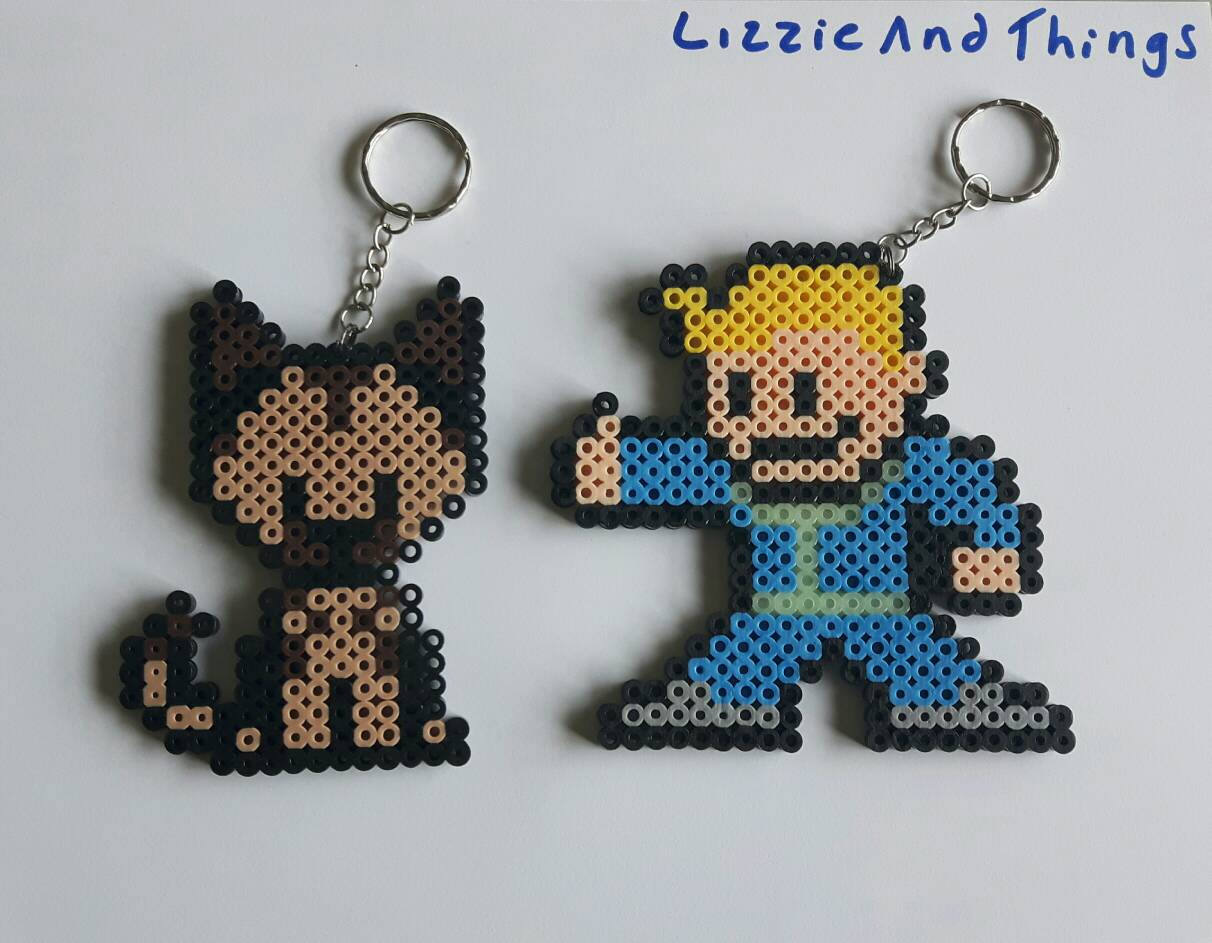 Fallout Vault Boy and Dogmeat Perler Bead figures Keychain