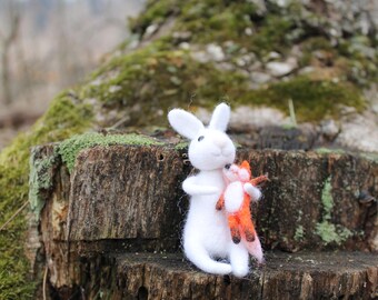 Free shiping. NEEDLE FELTED WHITE rabbit with a chanterelle toy .