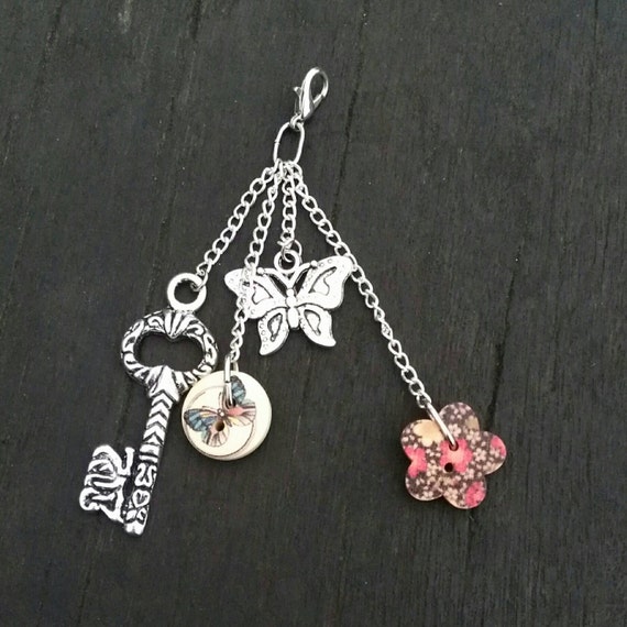 Silver Bag Charm with Butterfly and Key Charms with Painted