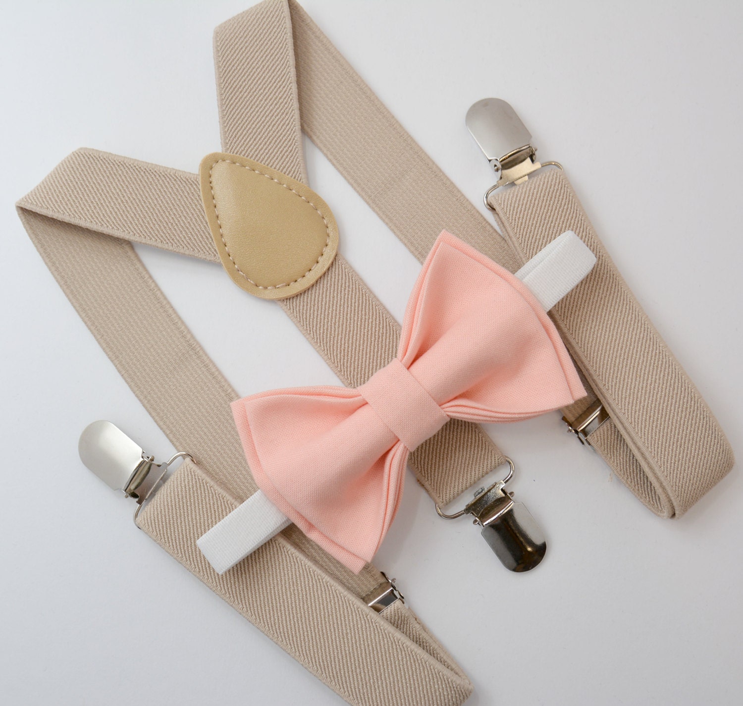 Bow Tie & Suspenders SET / Peach Bow Tie / Tan Khaki