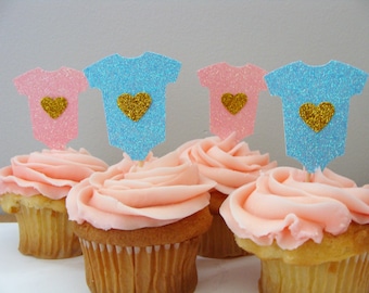Pink and Blue Baby Onesie Topper (12ct)- Pink and Blue Baby Shower Decor, Gender Reveal Cupcake Topper, Pink and Blue Glitter Topper, Onesie