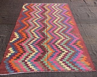 Pink Kilim rug,Zigzag Pattern Rug,5,6"x8,5" Feet 168x257 Cm Turkish Kilim Rug,Area Kilim Rug,Anatolian Kilim Rug,Kelim Rug.