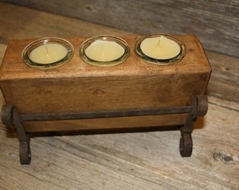 3 Hole Wooden Sugar Mold Wood Candle Holder Primitive Clear Glass Votives