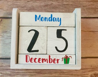 Holiday Block Calendar Hand Painted Rustic Wood Block, Perfect for Birthdays, Vinyl Lettteting, Rustic Desk Calendar, Perpetual Calendar