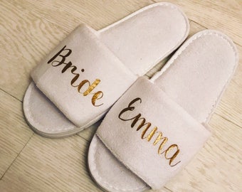Bride White Slippers, Personalised, Bridal, wedding, open toe, hen do, wedding party, bridesmaid, mother of the bride groom, spa, towelling